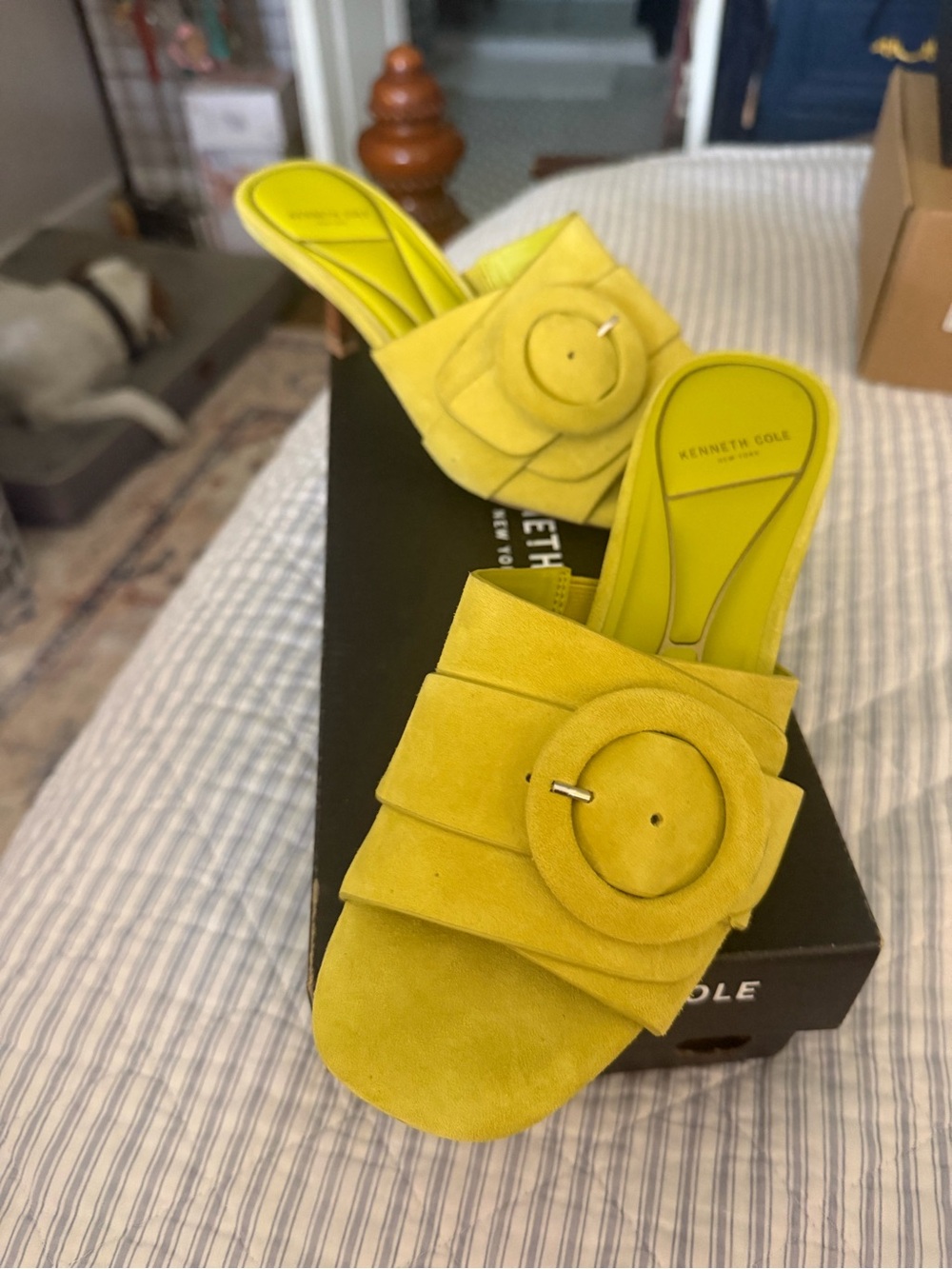 Kenneth Cole Yellow Suede Slide Sandals New in box. Size 6.5